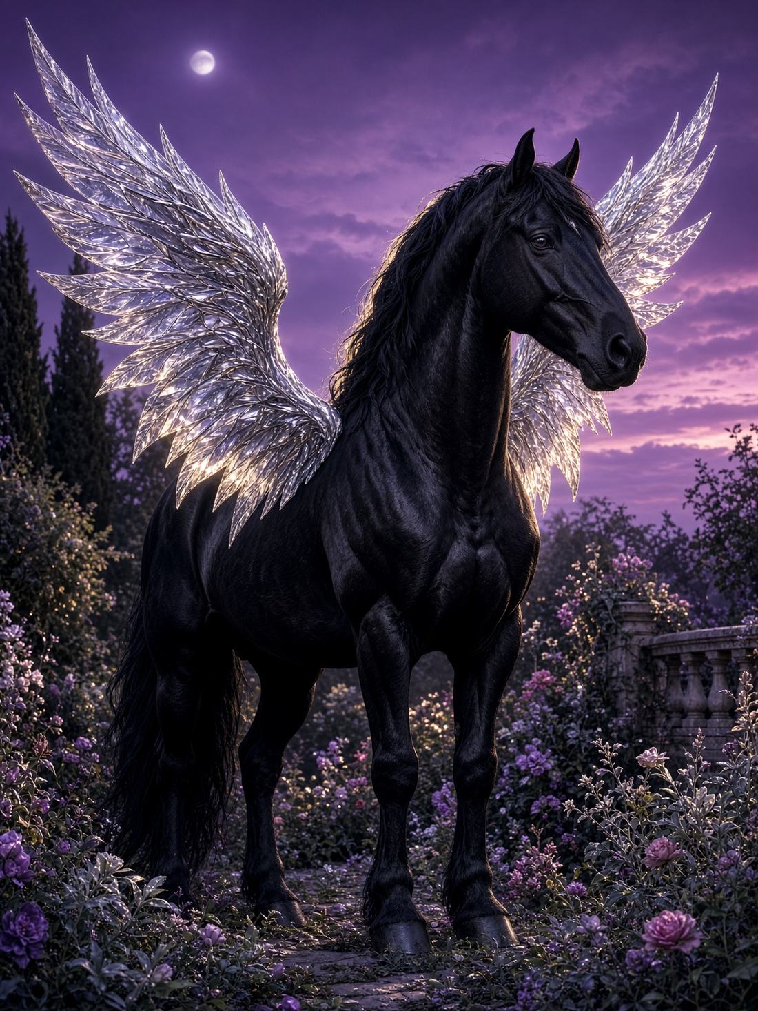 A black PETANO stallion with silver crystal wings standing in a moonlit garden