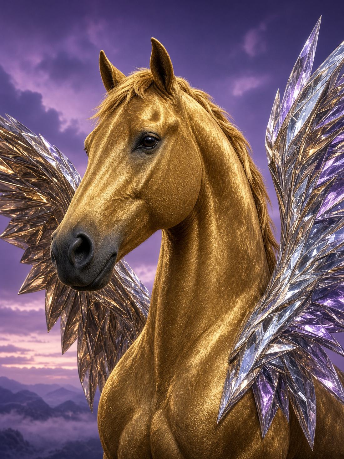 A gold PETANO stallion with crystal and bronze wings in a hopeful purple twilight
