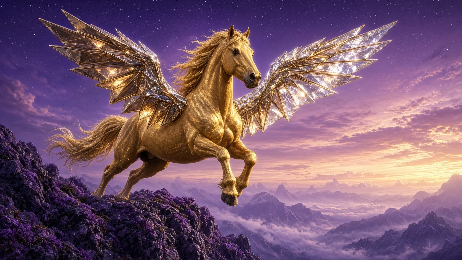 A gold PETANO stallion leaps from a violet mountain, crystal wings flashing in hopeful light