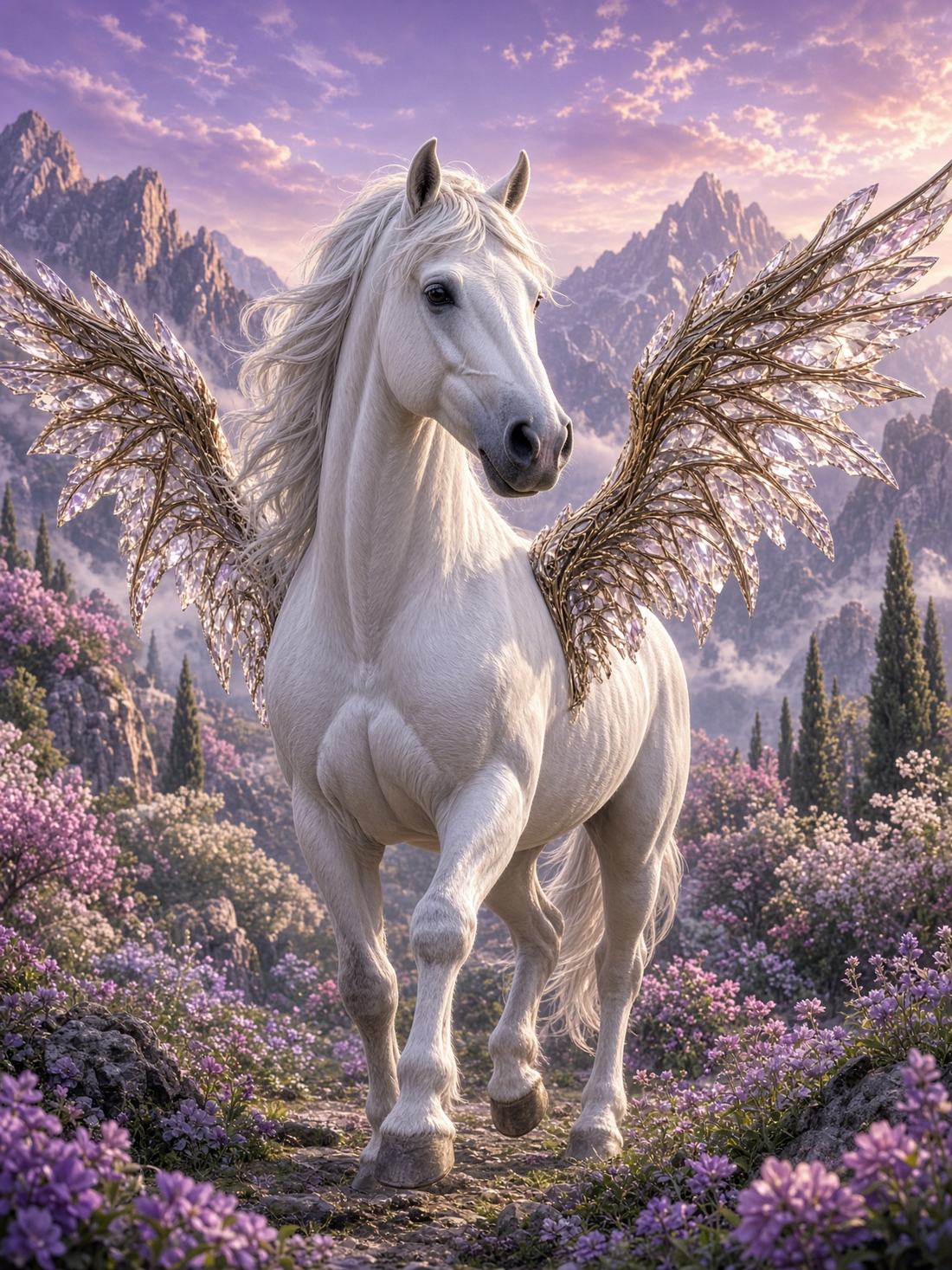 A white PETANO stallion with bronze and crystal wings walking through pastel mountain light